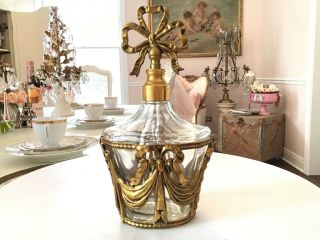Shabby Antique Vtg Ribbon Swag Bow Perfume Bottle Ormolu Style Glass Globe
