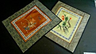 2 Vintage Chinese Hand Embroidered Silk Panels Doilies Textiles Embroideries