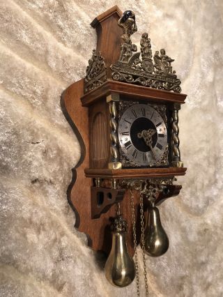 Antique Dutch Germaney Bell Strikes Wall Clock,  2 Brass Weight Driven,  Pendulum