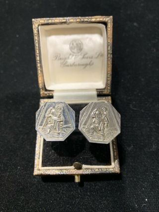 Antique Vintage Mens Sterling Silver Cufflinks With A St Christopher Design 1967