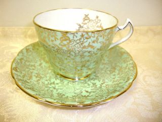 Balfour Royal Crown Pottery Best Bone China England Tea Cup & Saucer Green Gold