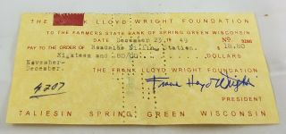 1949 Frank Lloyd Wright Farmers State Bank Check Signed In Blue Ink