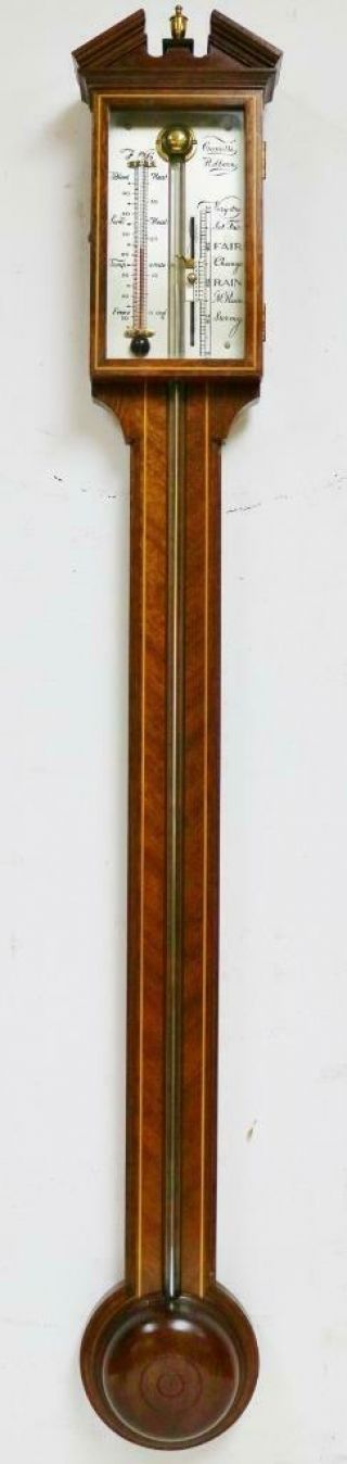 Vintage Comitti Of London Flame Mahogany Stick Wall Barometer & Thermometer