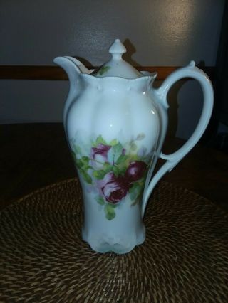 Vintage Germany Rose Pattern Chocolate Pot 10 " Tall German Teapot Molded Design