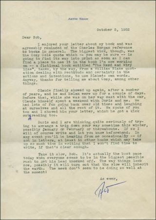 Artie Shaw - Typed Letter Signed 10/05/1952