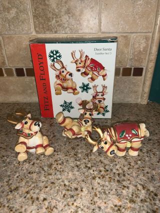 Vintage Fitz And Floyd Christmas Deer Santa 3 Tumblers W/box 763