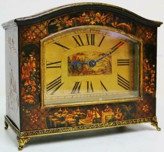 Antique French Black Lacquered Chinoiserie Mantel Desk Clock Platform Escapement