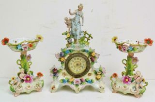 Antique German Hand Painted Porcelain Lady Figure Timepiece Mantel Clock Set