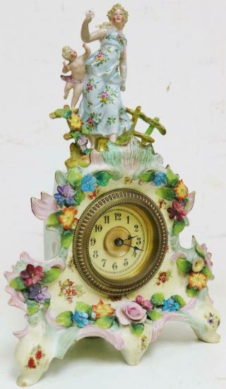 Antique German Hand Painted Porcelain Lady Figure Timepiece mantel Clock Set 2
