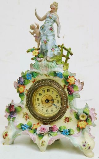 Antique German Hand Painted Porcelain Lady Figure Timepiece mantel Clock Set 3