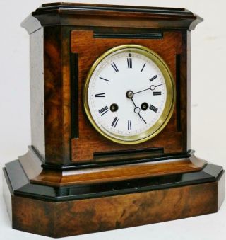 Antique French 8 Day Bell Striking Walnut & Ebonised Mantel Clock