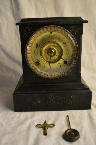 Antique 1882 Ansonia Cast Iron Mantle Mantel Clock 8 Day Key Pendulum Flower