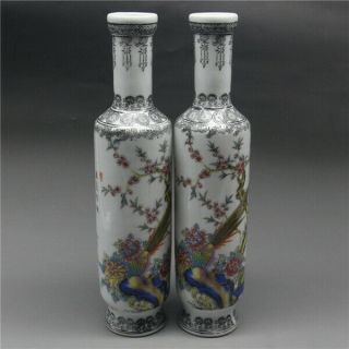 A Pair Exquisite Chinese Old Porcelain Handwork Peacock Flower Bird Vases