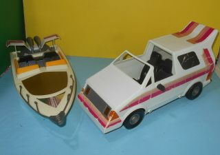 Vintage 1985 Meritus Barbie Speedboat Toy Doll Boat 15 " Long & Groovy Van 15 " Lo