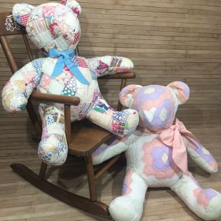 2 Vintage Hand Sewn Stitched Patchwork Teddy Bears Quilt Toy Gift Quilted Bear