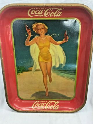 VINTAGE 1937 COCA COLA ADVERTISING TIP TRAY running on beach with coke bottle 2