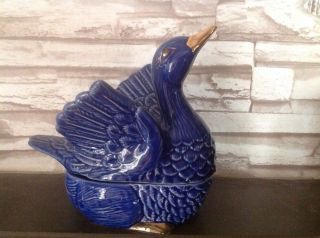 Glazed Blue Ceramic Figurine Duck Gold Gilt Trinket Box - Vintage 7 " X 6 1/4 "