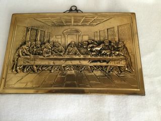 Vintage " Elpec " England Last Supper Christian Brass Relief On Wood Wall Plaque