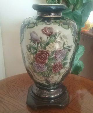 Oriental Chinese Vase,  Fully Marked,  On A Wooden Pedestal,  31 Cm Height