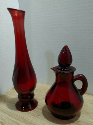 Ruby Red Strawberry Glassware Vase Avon Perfume 8 " Tall And Cruet 5.  5 " Tall