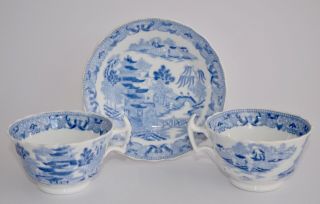 19th Century Blue & White Willow Trio - 2 Cups And 1 Rimmed Saucer