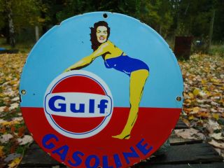 Vintage 1953 Gulf Gasoline Porcelain Enamel Gas Pump Sign