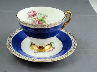 Adderley Fine English Bone China Teacup Cup & Saucer Blue With Bouquet