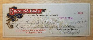 1914 Rare Charles Ringling Signed Ringling Brothers Circus Bengal Tiger Check