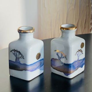 Pair Vases Small Antique Porcelain Hand Painted Oriental Blue Gold Rising Sun