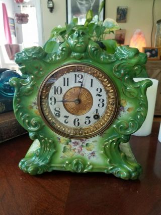 Antique Ansonia Tempest Porcelain Mantle Clock W Key Green & Gold Gilding Lions