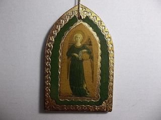 Vintage Vietri Italian Florentine Toleware Wood Ornament Angel Green Gold