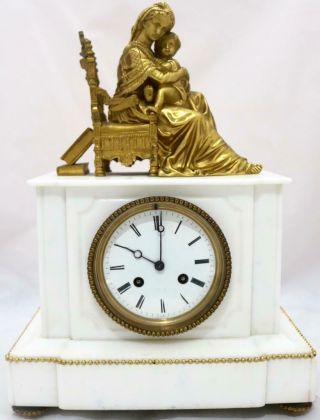 Antique Mantle Clock Stunning French White Marble And Bronze Figurine Figure