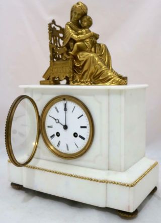 Antique Mantle Clock Stunning French White Marble And Bronze Figurine Figure 2