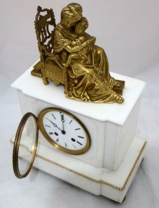 Antique Mantle Clock Stunning French White Marble And Bronze Figurine Figure 3