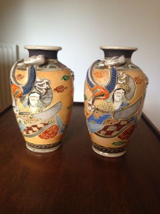 Pair Antique Japanese Satsuma Vases Applied Dragon