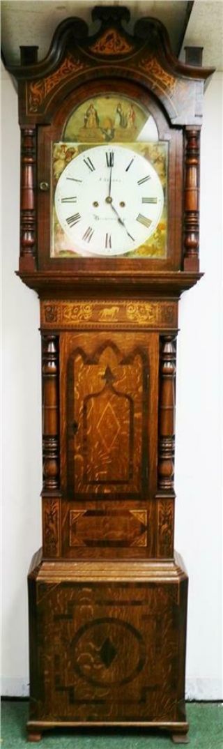 Stunning Antique 19thc English 8 Day Oak & Mahogany Grandfather Longcase Clock