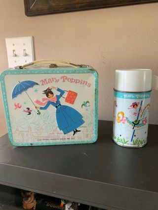 " Rare " Vintage " Mary Poppins " Metal Lunch Box With Matching Thermos By Aladdin 1