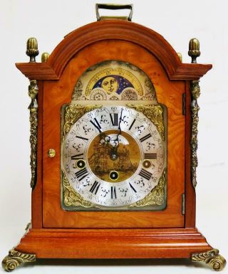 Vintage Burr Walnut & Bronze London Musical Chime Moonphase Bracket Clock