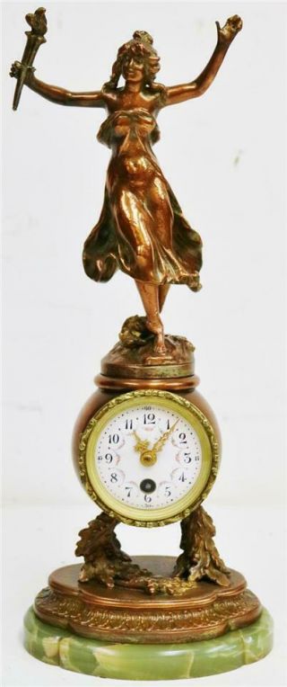 Rare Sweet Antique Art Nouveau French 8 Day Copper Plated Figural Mantle Clock