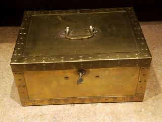 Vintage Heavy Metal Lock Cash Safe Box Case With Handle & See Photos Brass Steel