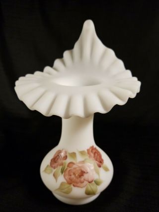Vintage Fenton - Jack - In - The - Pulpit Vase - Roses White Satin - Signed Ruffles