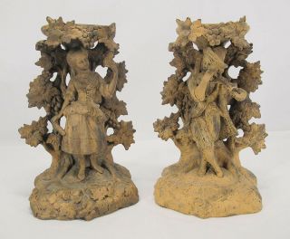 Pair Antique Terracotta/terra Cotta Figural Mantle Candle Holders Boy & Girl Yqz