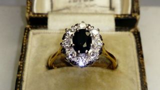 Vtg Hallmarked 18ct Yellow Gold Pretty 1.  00 Carat Sapphire & Diamond Ring,  Sz N/o