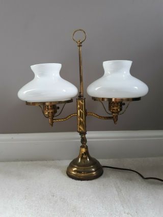 Vintage Brass Double Arm Student Desk Table Lamp W/ Milk Glass Shades