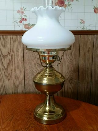 Vintage Hurricane Lamp Brass With White Milk Glass Shade 17 1/2 " Tall