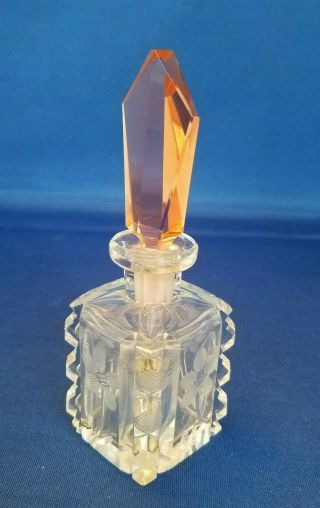Vintage Czech Cut Crystal Clear Glass And Pink Perfume Bottle W/ Dauber Art Deco