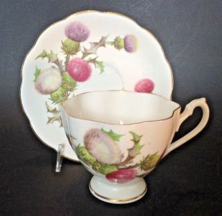 Queen Anne Pedestal Teacup And Saucer - Purple White Pink Thistles - England