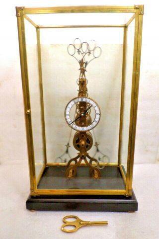 Very Large 21 " Scissors Clock With Brass/glass Dome & Porcelain Dial