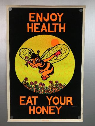 Vintage 1960s 1970s " Enjoy Health Eat Your Honey " Hipco Black Light Poster
