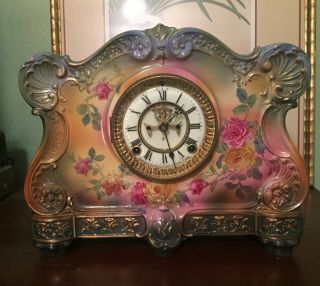 Antique Ansonia Royal Bonn " La Vergne ",  Porcelain Mantel Clock